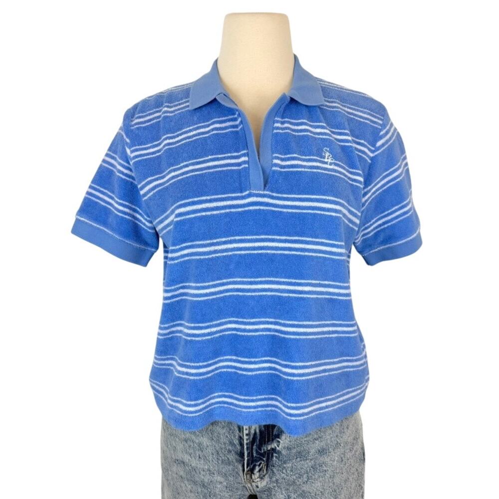Sporty & Rich Terry Cotton Polo Top Tee in Ciel Striped Blue/White M Women's